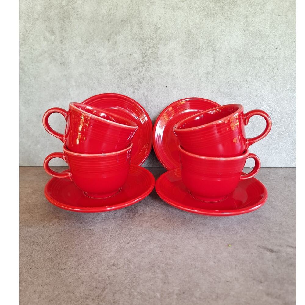 Fiestaware vintage Scarlet red teacup & saucer plate set lot 8 pieces glazed